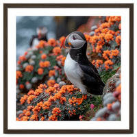 Atlantic Puffin Bird Perched On Orange Flowers