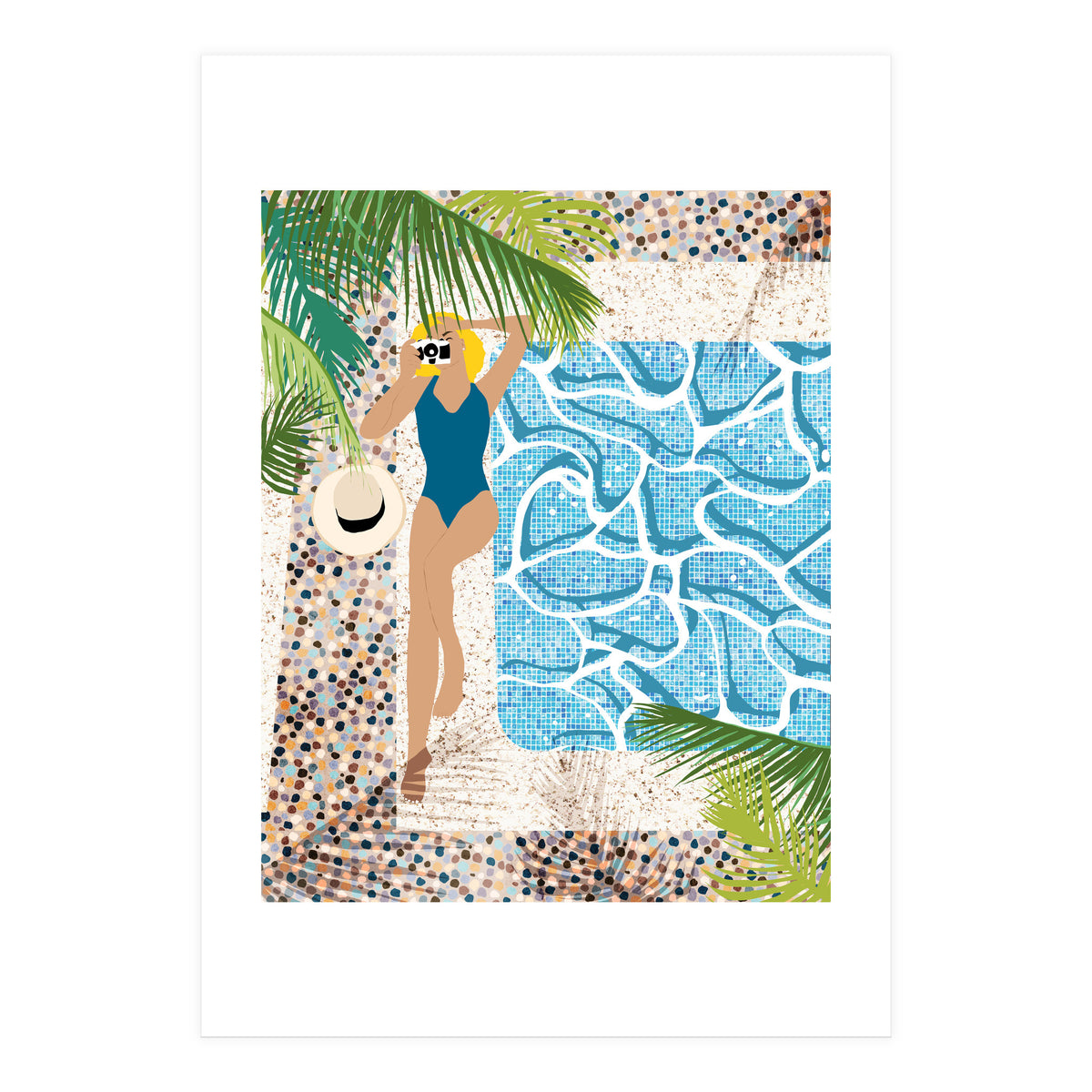 Click, Summer Travel Poolside Swim, Moroccan Tiles Staycation Vacation Holiday, Bohemian Woman Swimsuit Fashion Pose (Print Only)
