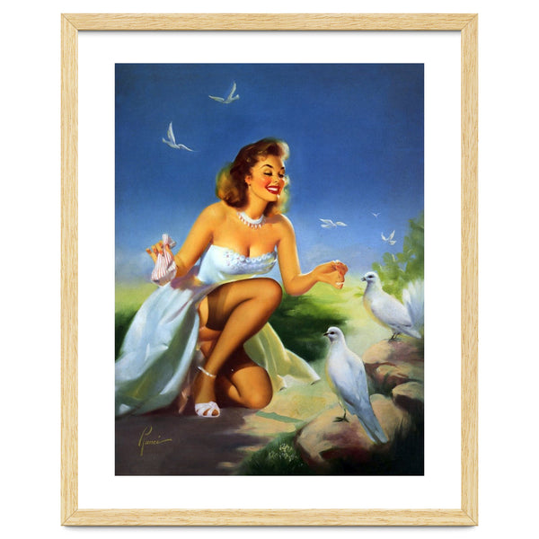 Beautiful Pinup Girl Feeding White Pigeons