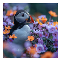 Puffin Bird Among Vibrant Purple And Orange Flowers (Print Only)