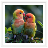 Lovebirds Pair Perched On Mossy Branch Outdoors thumbnail