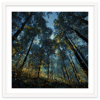 Celestial Forest Canopy with Swirling Golden Fireflies and Deep Twilight Blue Sky Digital Art