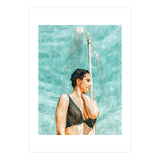 Bathe | Woman Pool Shower | Summer Swim Watercolor Painting | Brunette Bikini Boho Fashion (Print Only) thumbnail