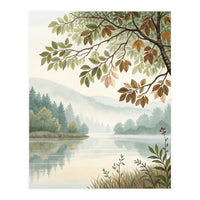 Tranquil Lakeside Forest Watercolor Painting with Overhanging Autumn Branches and Misty Mountain Reflection (Print Only)