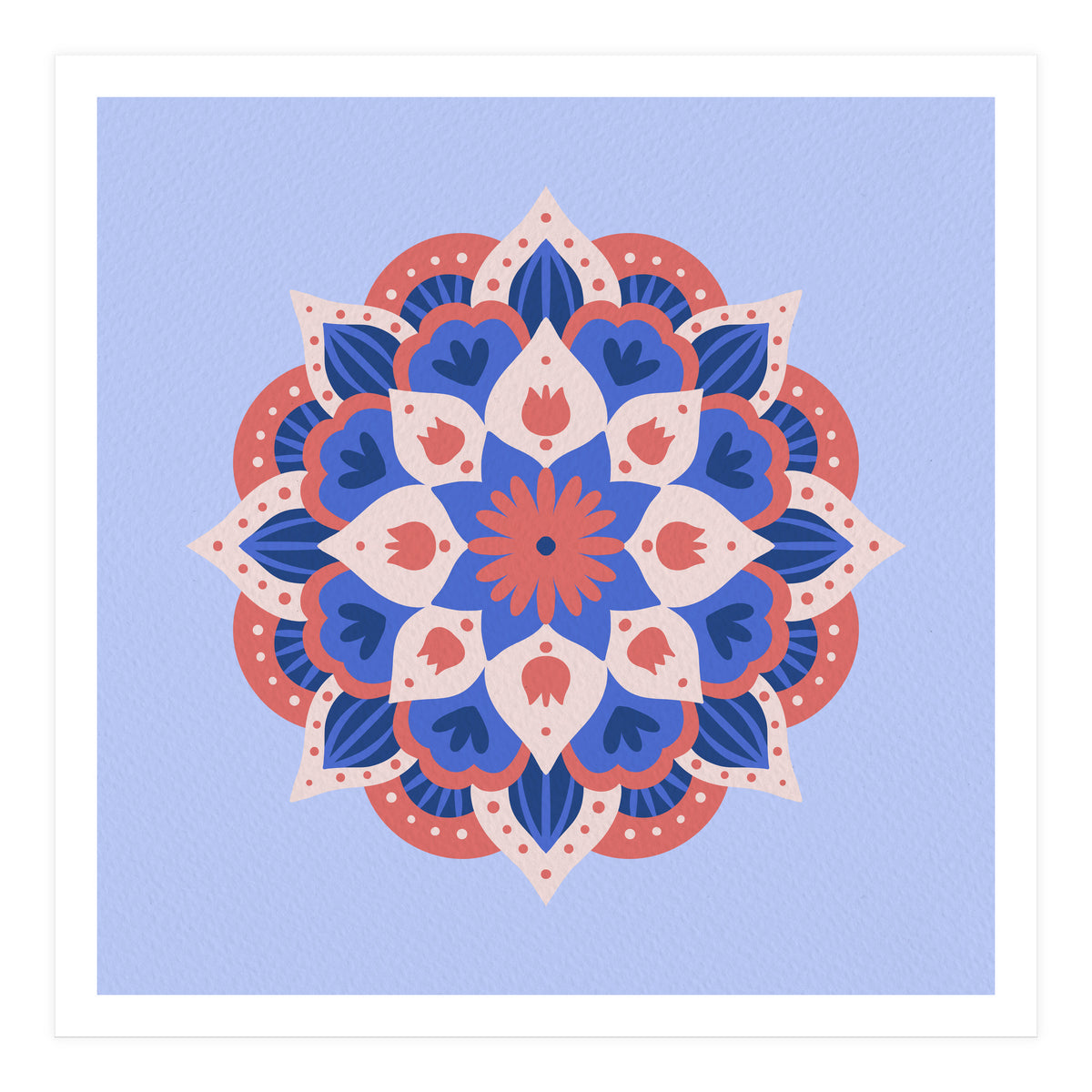 Mandala flower - blue and coral (Print Only)