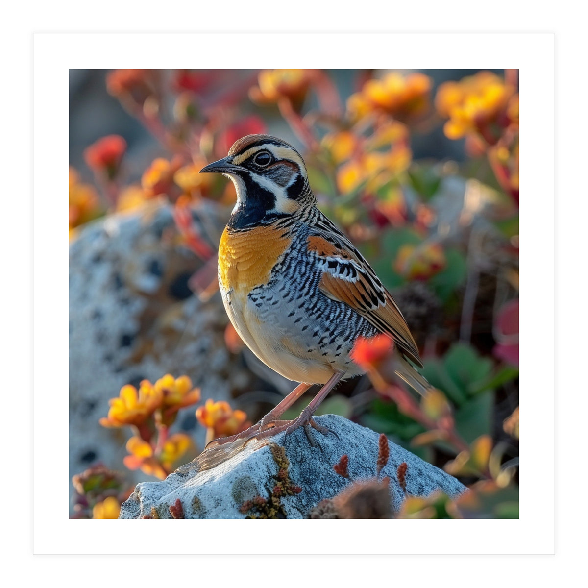 Bird Perched On A Rock With Flowers (Print Only)
