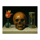 Vanitas, allegory of fleeting time with skull and hour-glass. Oil on canvas. (Print Only) thumbnail