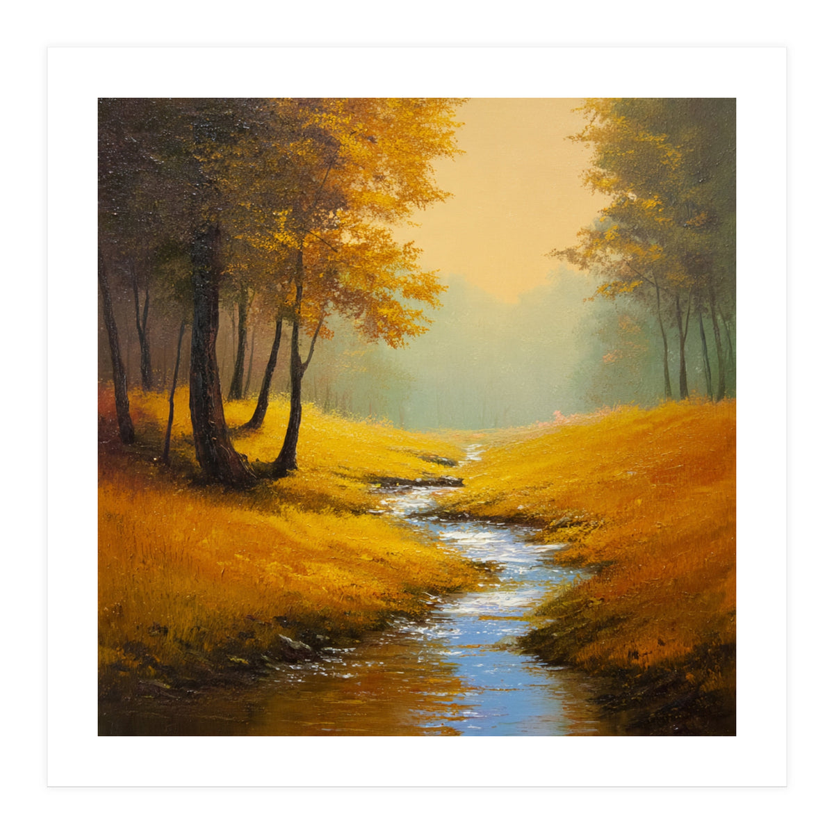 Golden Autumn Forest Path with Winding Creek (Print Only)