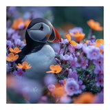 Puffin Bird Among Vibrant Purple And Orange Flowers (Print Only) thumbnail