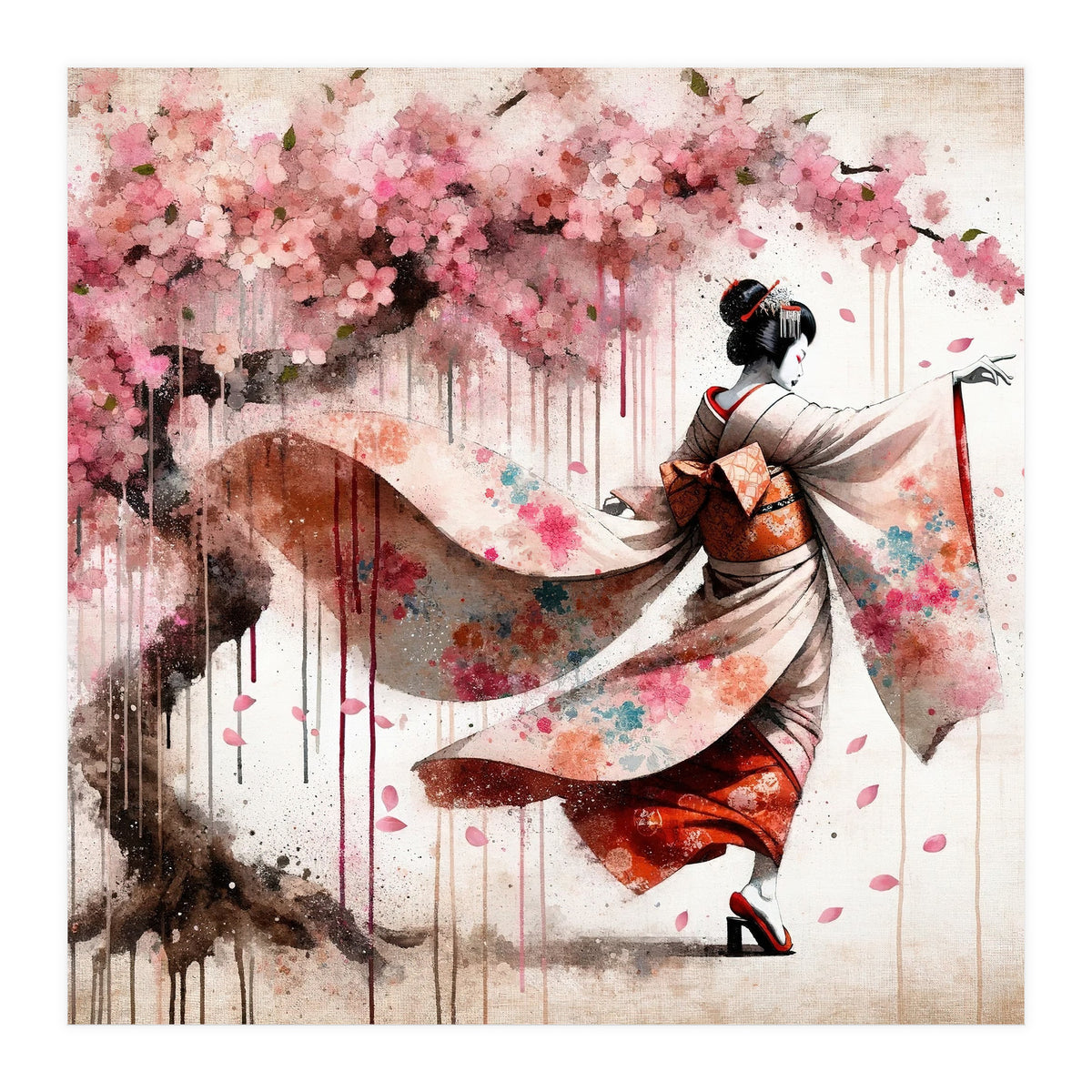 Geisha Under Cherry Blossoms In Motion (Print Only)