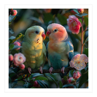 Two Lovebirds Perched On A Branch Near Flowers (Print Only)