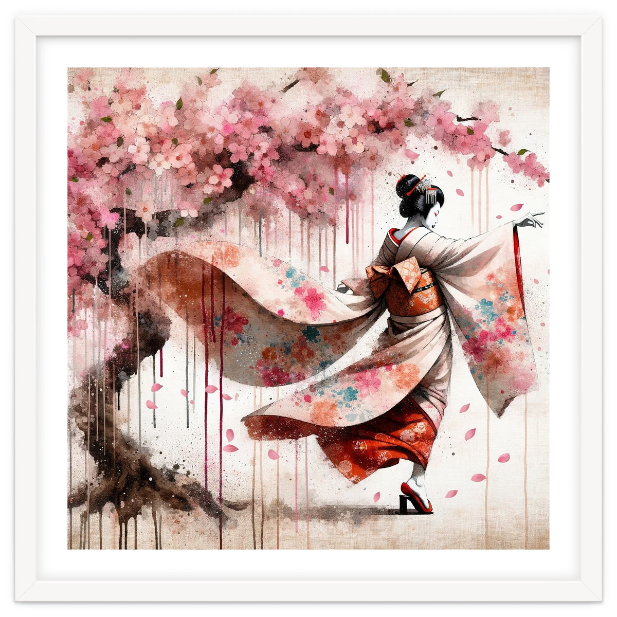 Geisha Under Cherry Blossoms In Motion
