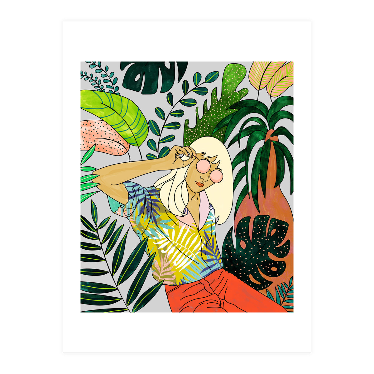 Spring Break, Tropical Bohemian Travel Line Art, Woman Fashion Palm Forest Jungle Watercolor Nature (Print Only)