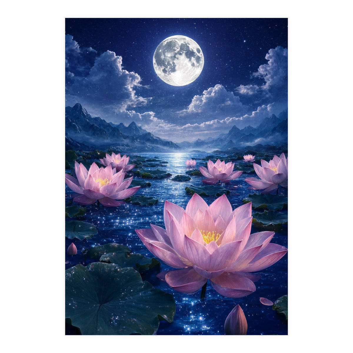Moonlit Lotus Pond: Serene Nighttime Floral Landscape (Print Only)