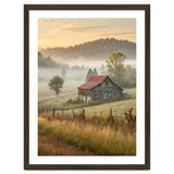 Rustic Red Roof Barn in Misty Morning Valley Landscape thumbnail