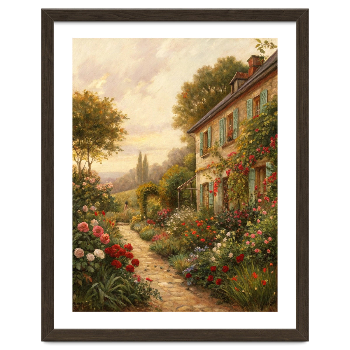 Idyllic Sunlit Cottage Garden Oil Painting
