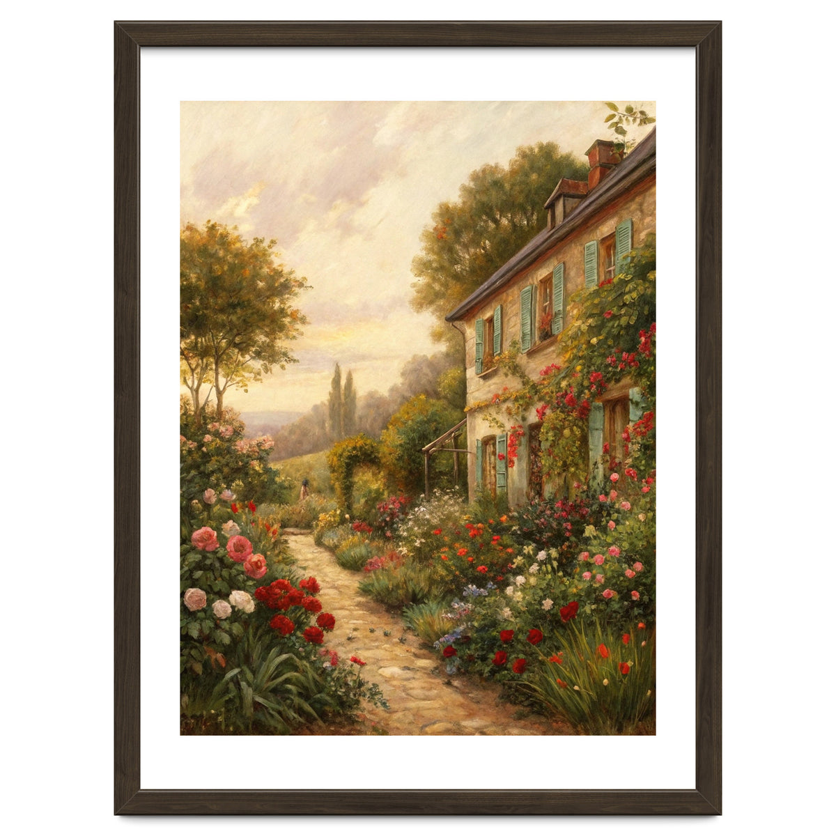 Idyllic Sunlit Cottage Garden Oil Painting