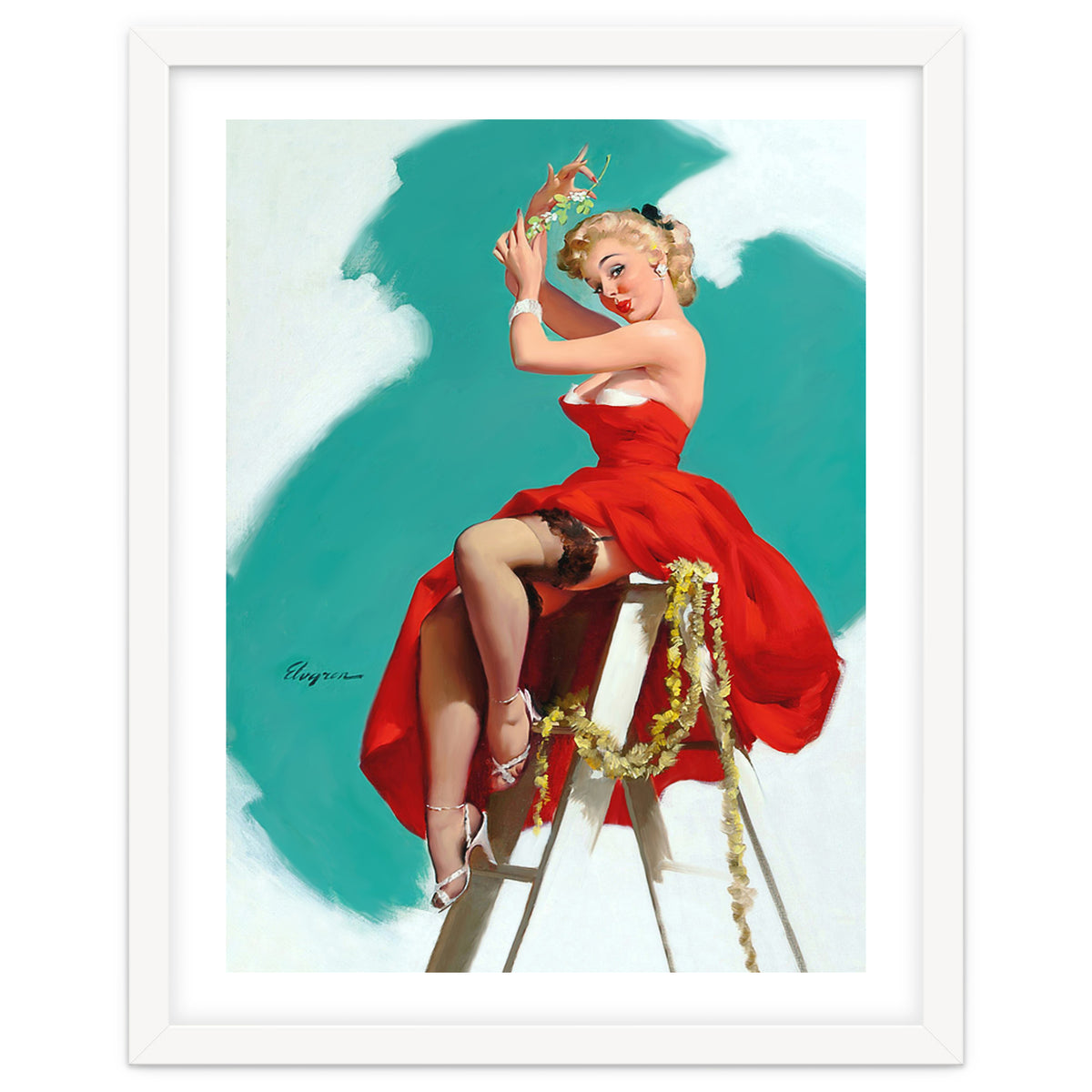 Sexy Pinup Girl In Red Dress Posing On a Ladder