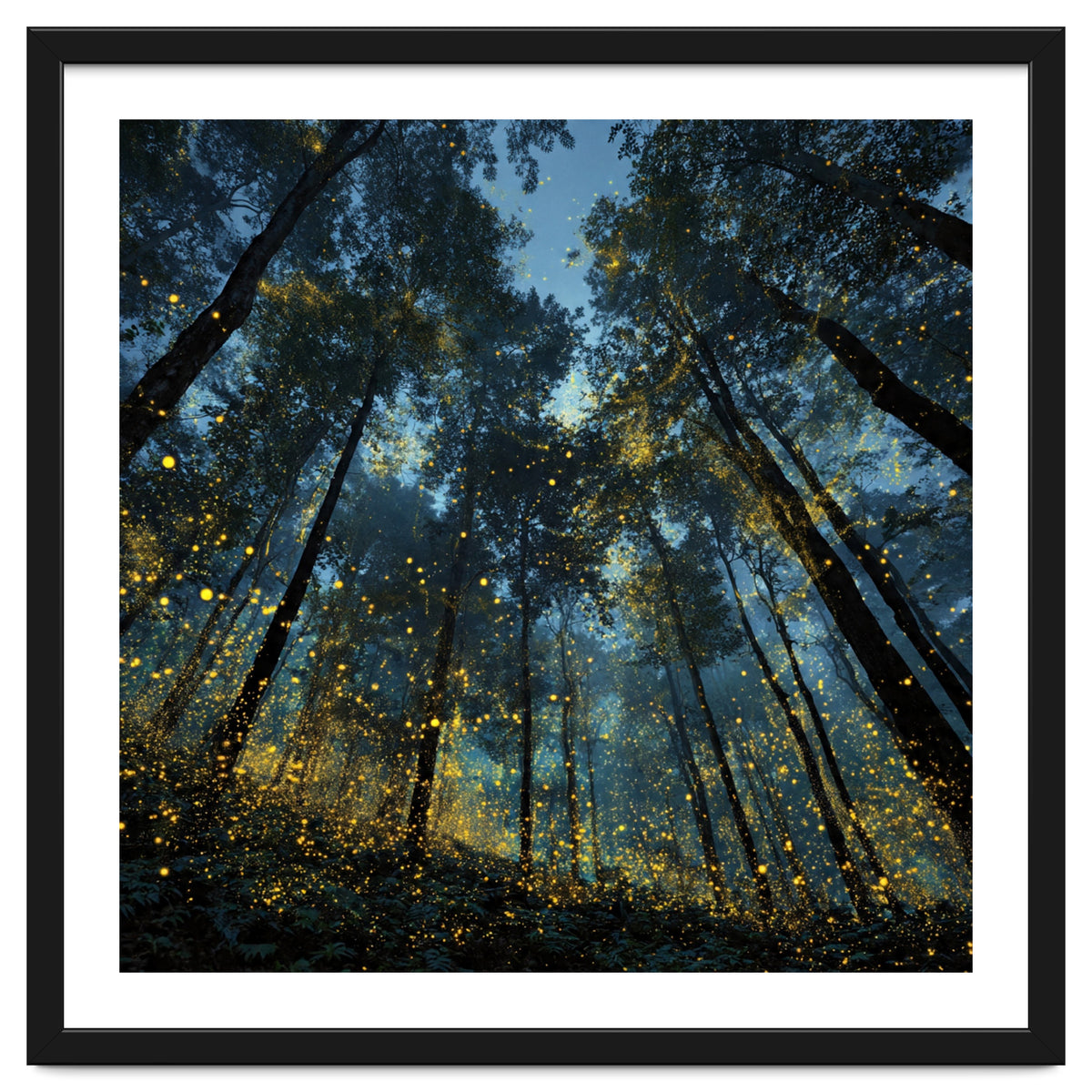 Celestial Forest Canopy with Swirling Golden Fireflies and Deep Twilight Blue Sky Digital Art