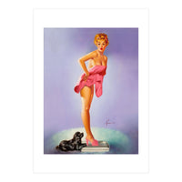 Pinup Girl On A Scale With Her Little Black Dog Behind (Print Only)