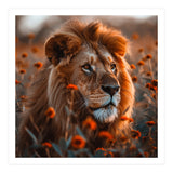 Majestic Lion Resting Among Orange Flowers (Print Only) thumbnail