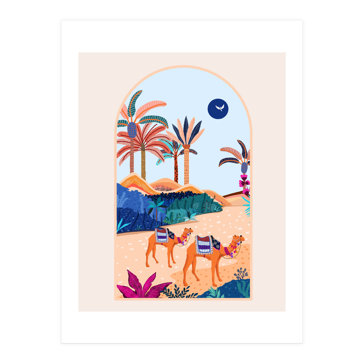 The Arabian Desert, Nature Landscape Travel Illustration, Camels Eclectic Sand Dunes Dubai Palm, Sahara Middle East Hot Summer Animals Bohemian (Print Only)