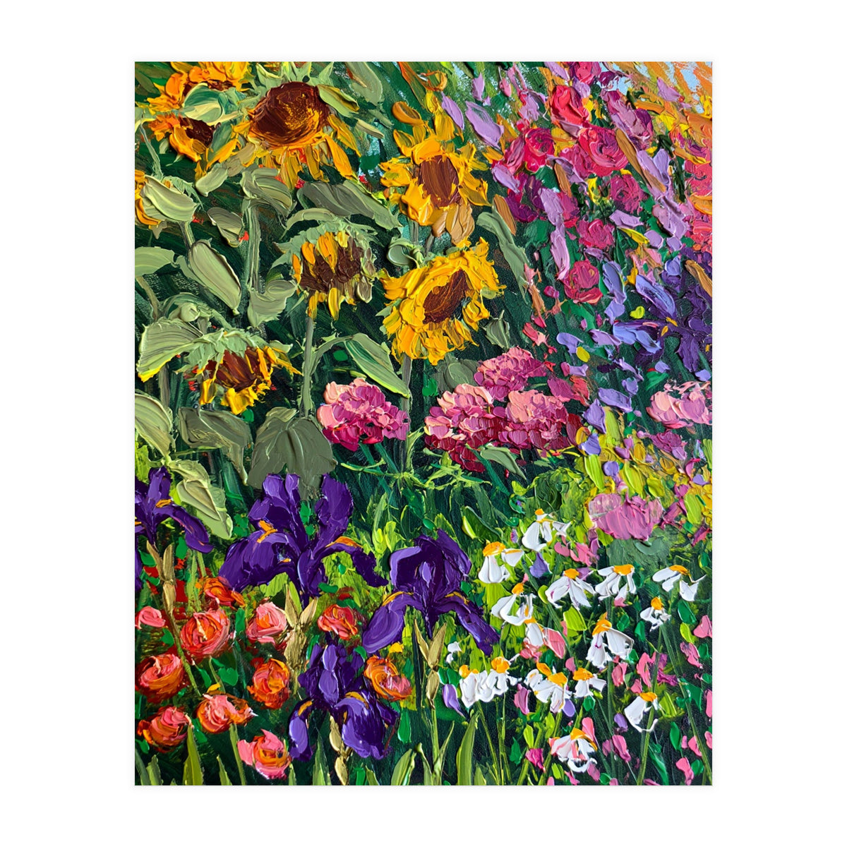 Vibrant Summer Sunflower and Iris Meadow Oil Painting (Print Only)