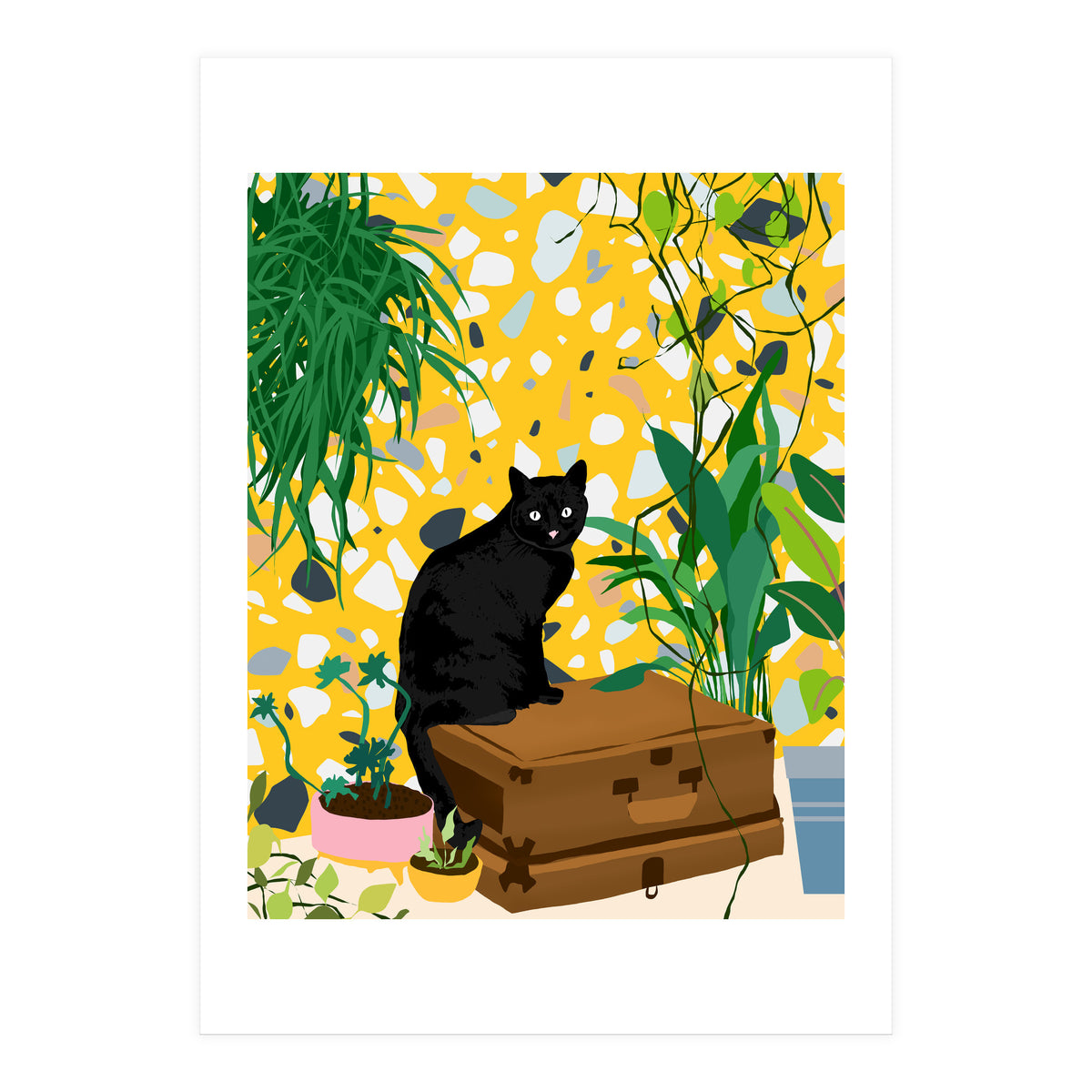 Urban Jungle Cat, Black Cats Pets Terrazzo Decor, Whimsical Bohemian Animals Illustration, Eclectic Quirky Travel (Print Only)
