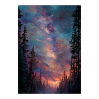 Magical Milky Way Night Sky over Pine Forest Silhouette Art (Print Only)