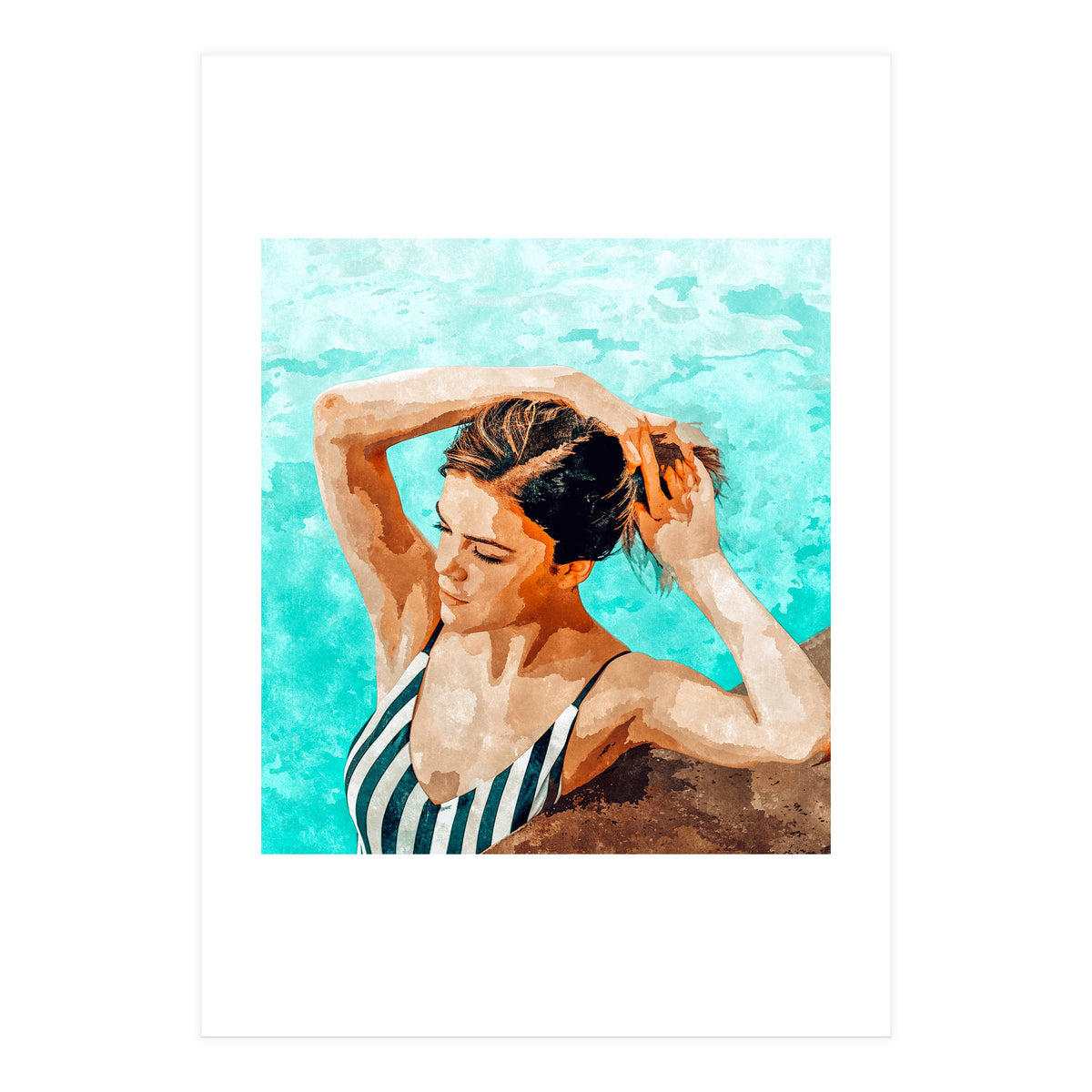 Simulacrum | Modern Bohemian Woman Swim | Summer Swimming Pool Fashion Watercolor Painting (Print Only)