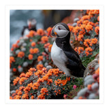 Atlantic Puffin Bird Perched On Orange Flowers (Print Only) thumbnail