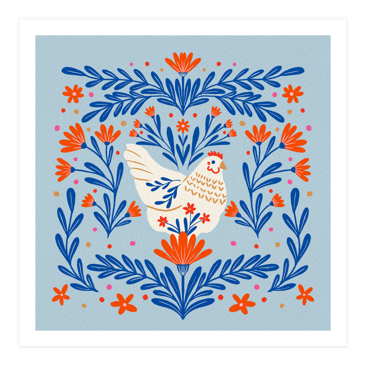 Blooming Chicken Blue And Orange (Print Only)