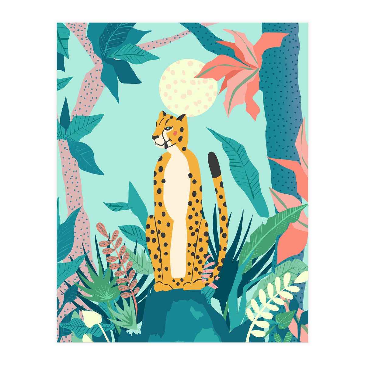 Leopard Forest, Pastel Tropical Jungle Nature Botanical, Moon Eclectic Colorful Wild Animals Boho (Print Only)