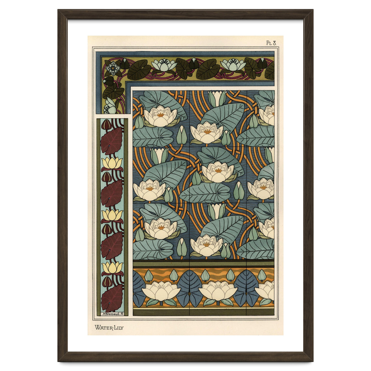 The water lily, Nelumbo lutea, in wallpaper and tile patterns. Lithograph by Verneuil.