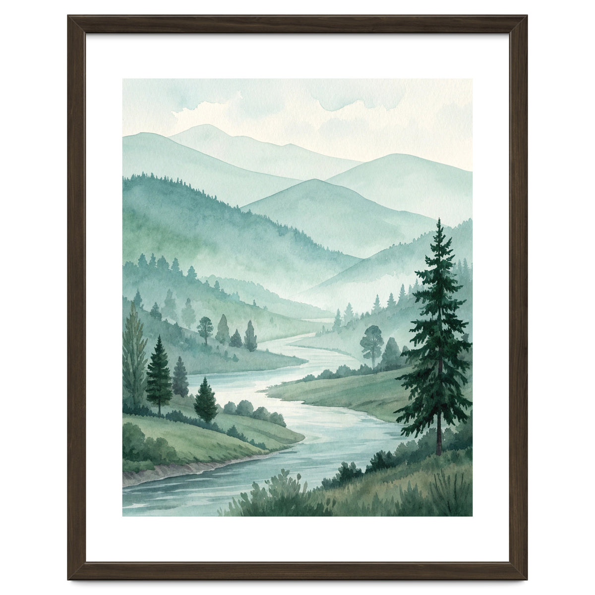 Serene Misty Mountain Valley Watercolor Painting