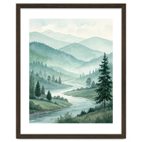 Serene Misty Mountain Valley Watercolor Painting