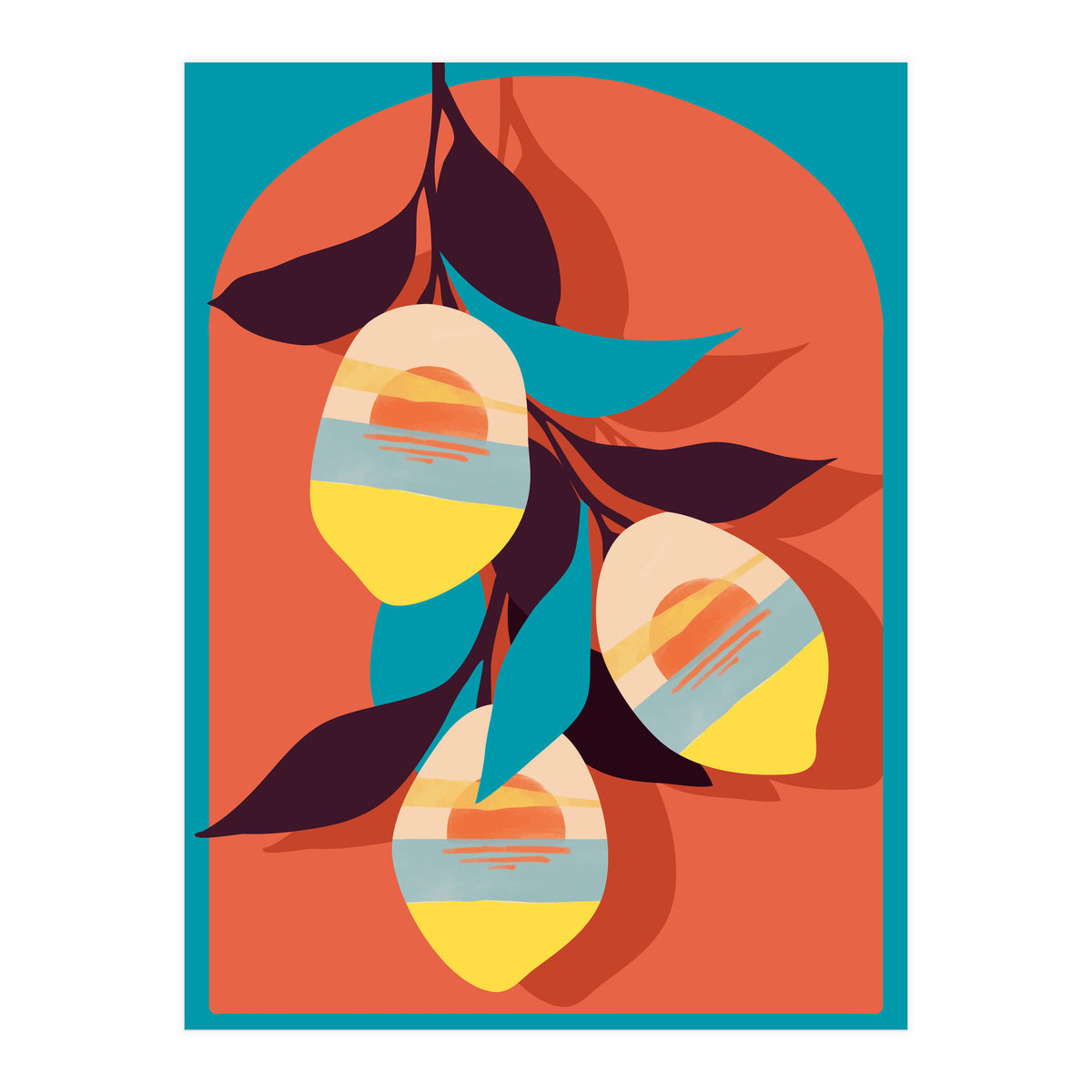 Lemon Sunset, Eclectic Botanical Colorful Bohemian Fruits, Food Pop Of Color Lime Retro (Print Only)