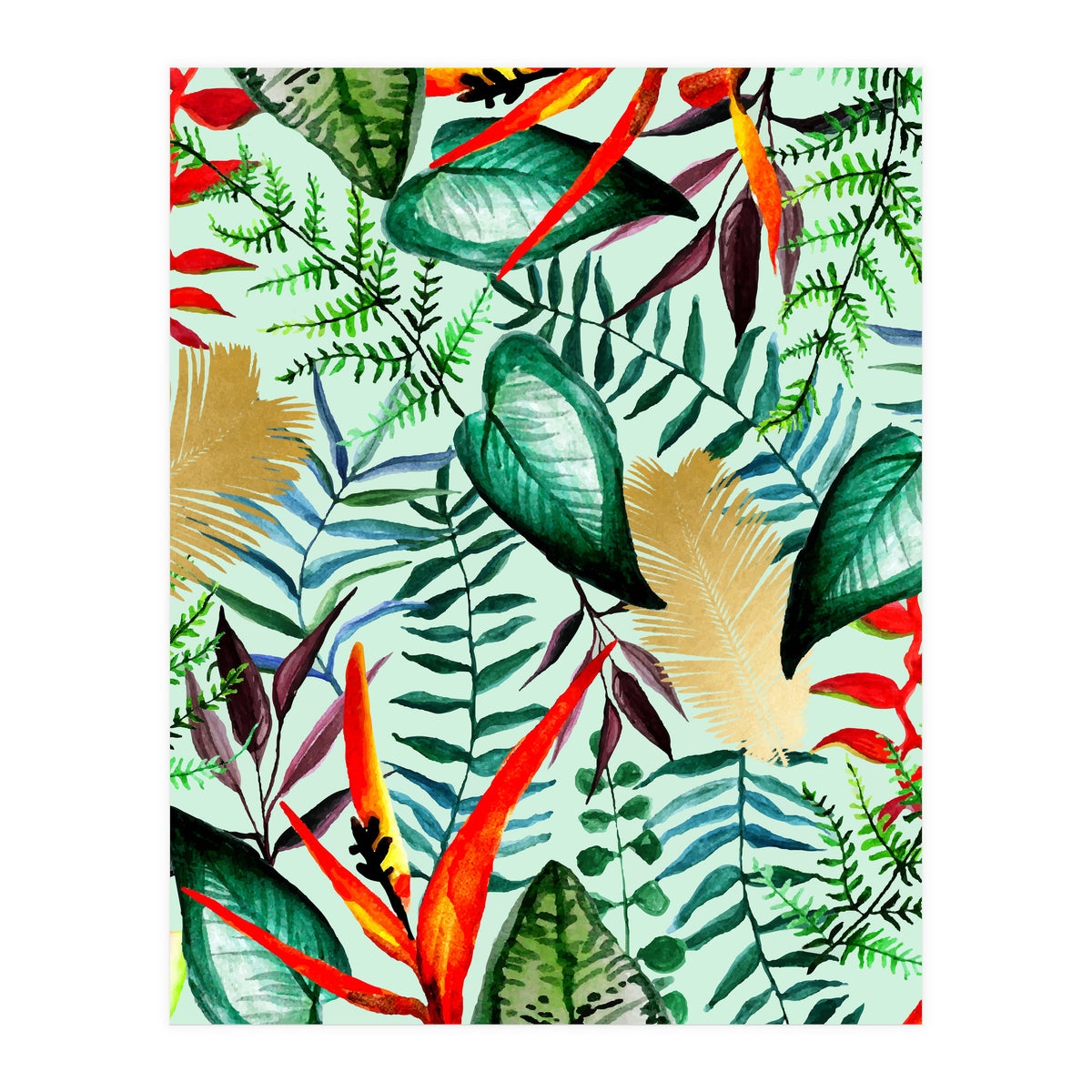 Paradise, Tropical Jungle Botanical Bohemian Illustration, Palm Bird of Paradise Gold Painting (Print Only)