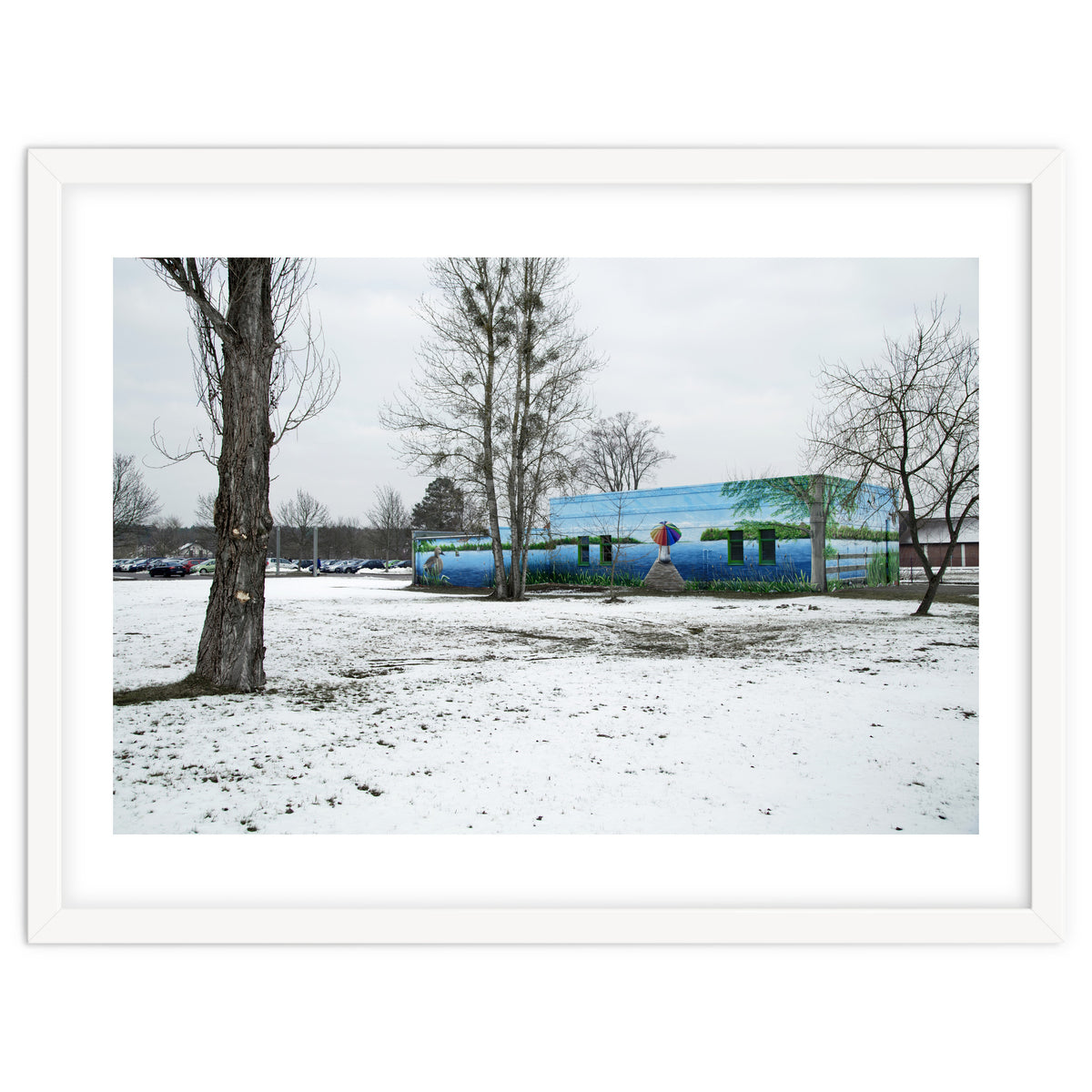 Colorful barn in the snowy ground landscape