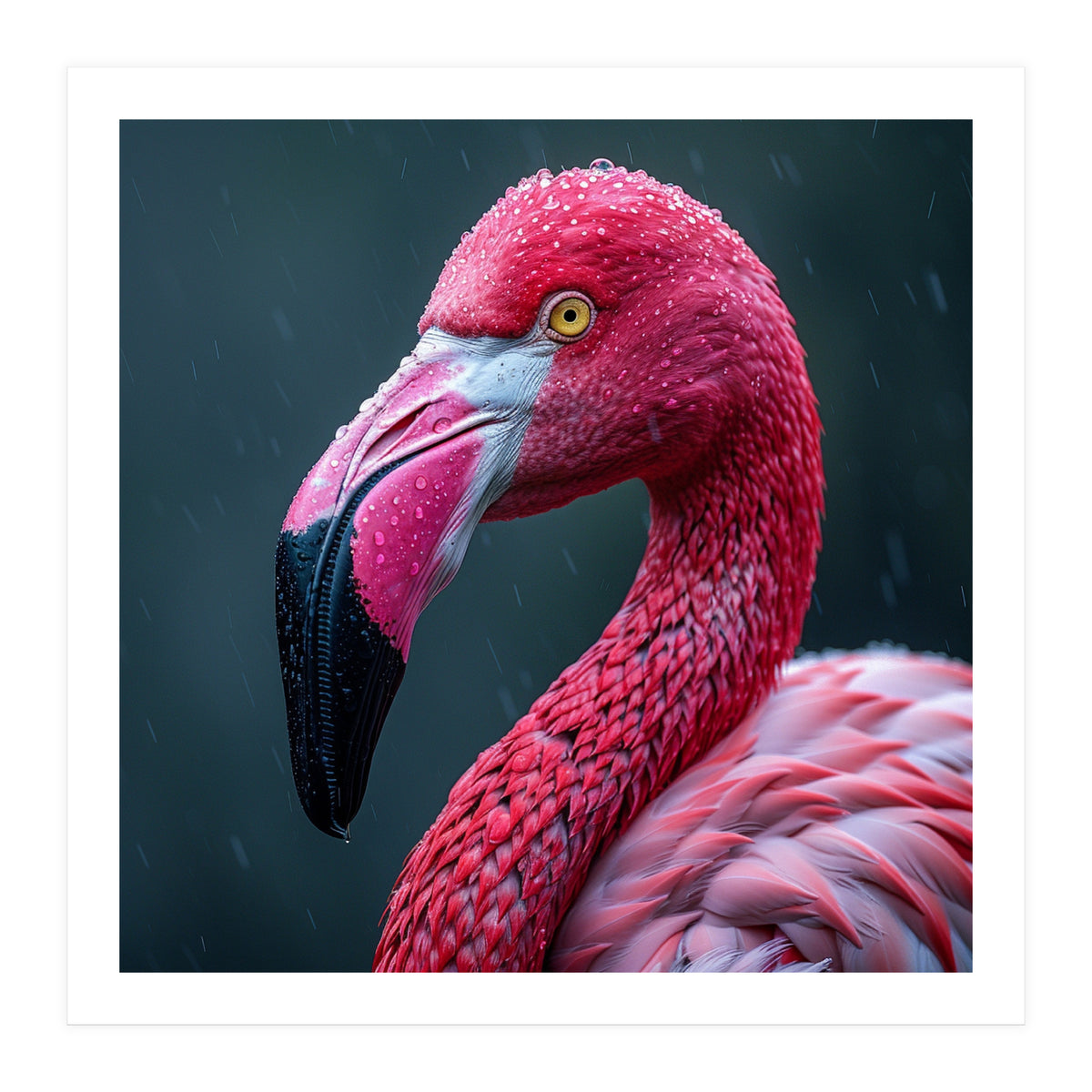 Close Up Pink Flamingo In Rain Drops (Print Only)