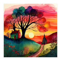 Watercolor Folk Art Sunset (Print Only)