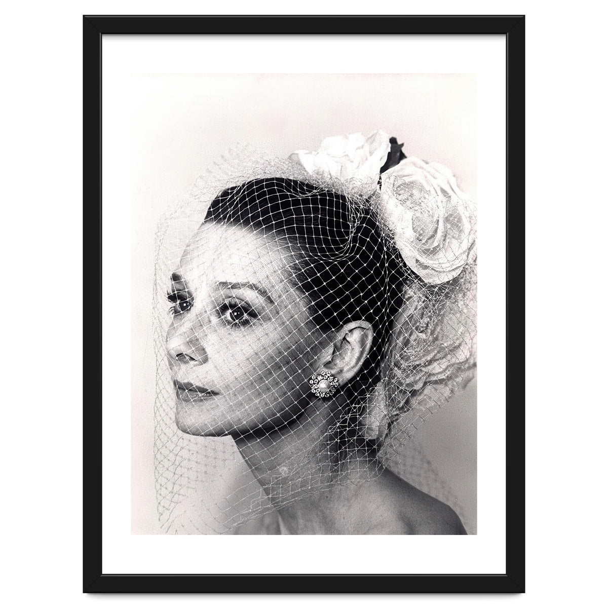 Audrey Hepburn with Veil, Classic Hollywood Glamour Photography, Black and White Icon Portrait