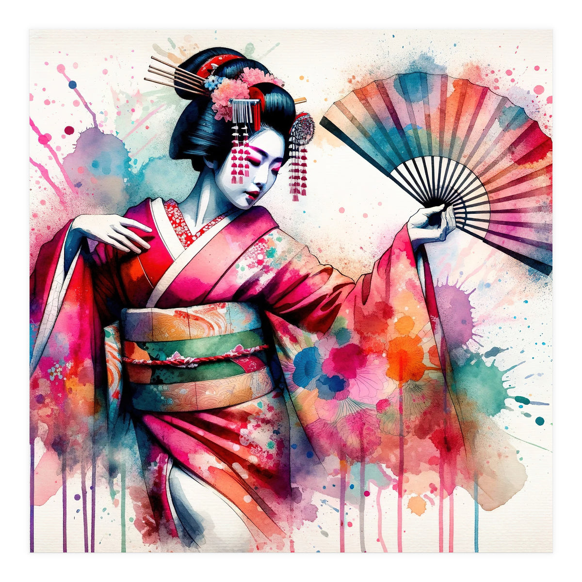 Vibrant Geisha With Rainbow Hand Fan (Print Only)