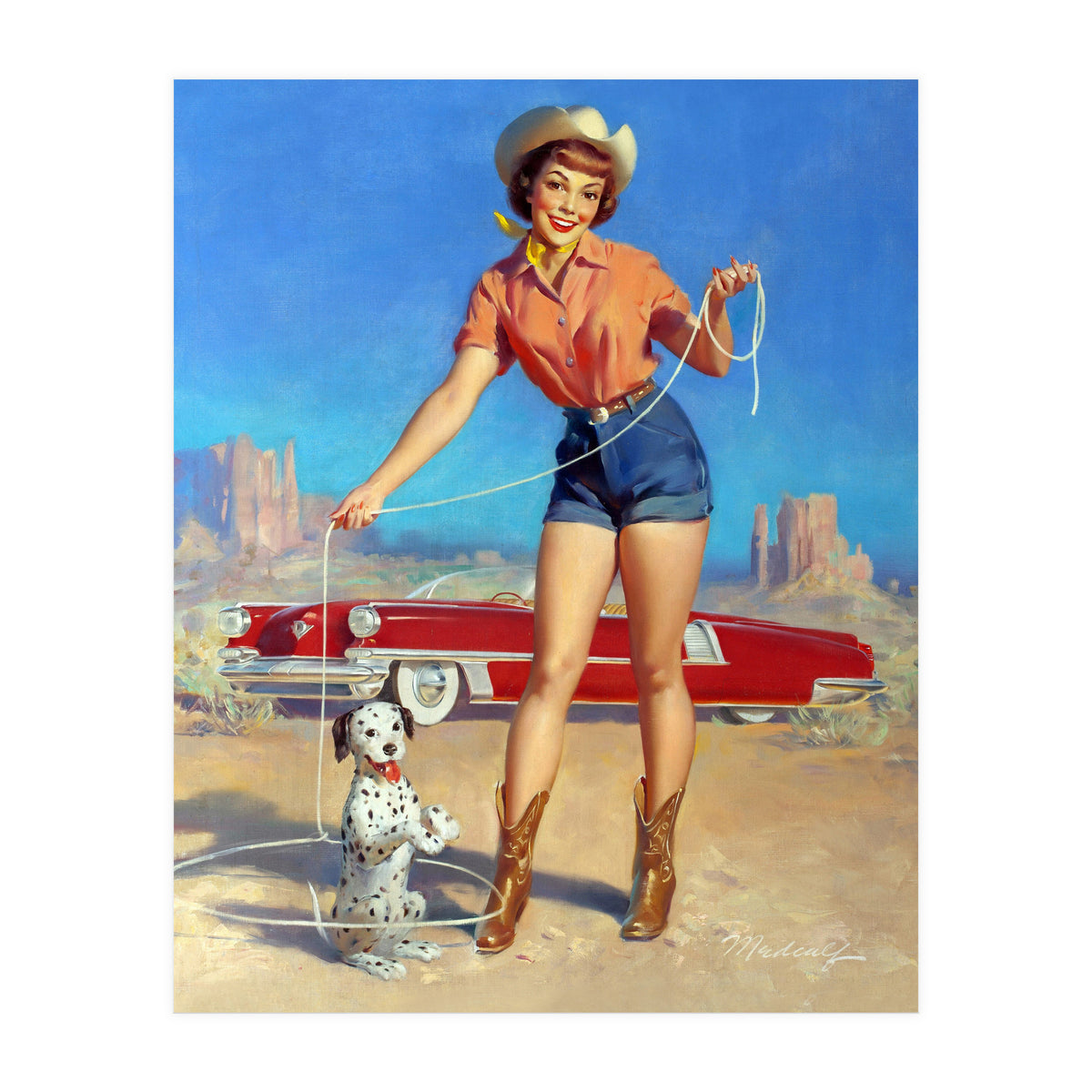 Pinup Cowgirl Showing A New Dog Trick (Print Only)