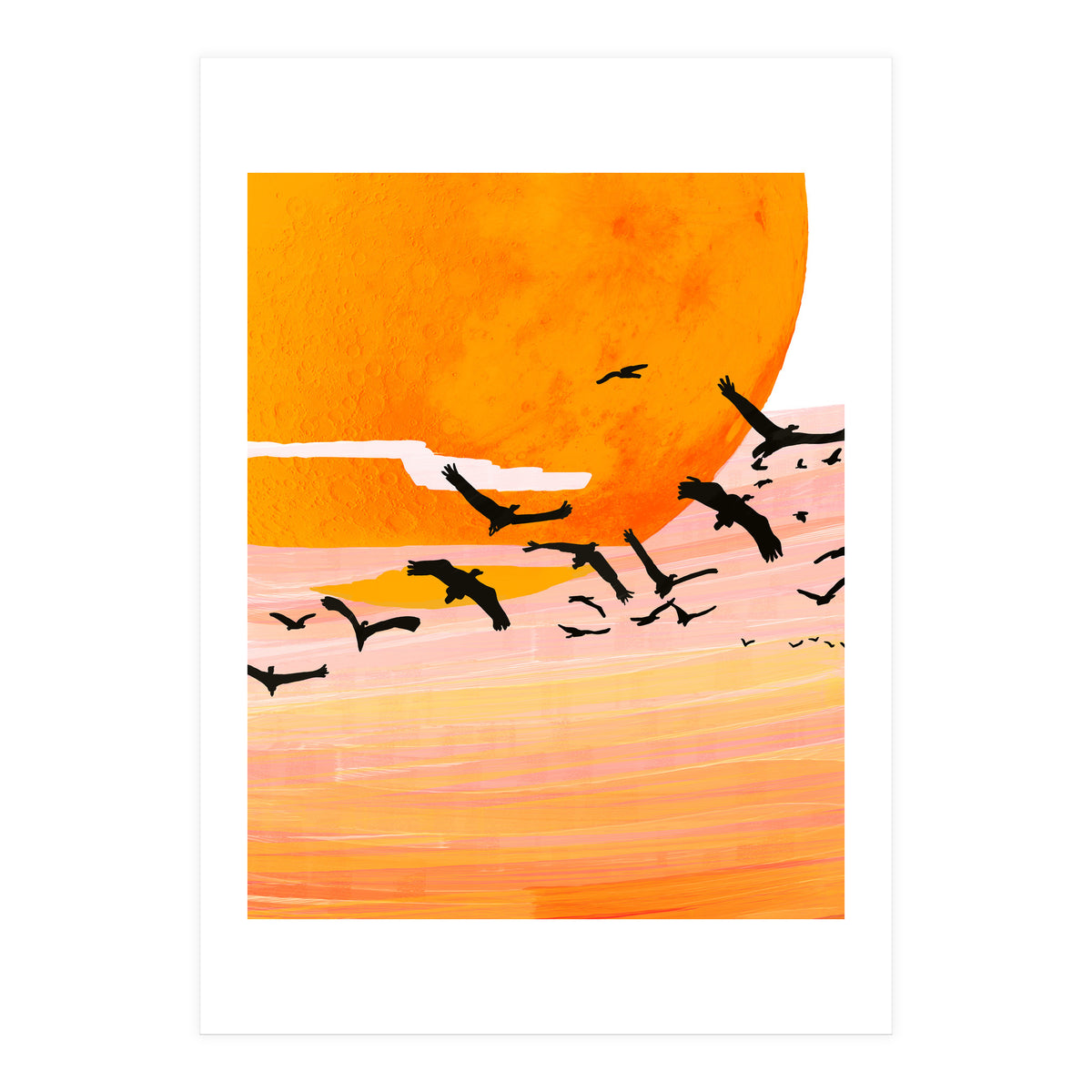 Time Flies, Birds Wildlife Fly Freedom Nature, Sun Sunset Sunrise Positivity Hope Painting, Growth Migrate Gift Animals Blush Sky Bohemian (Print Only)