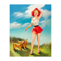 Pinup Girl In Little Red Dress And Two Dogs (Print Only)
