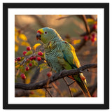 Green Parrot Perched On A Branch With Berries thumbnail
