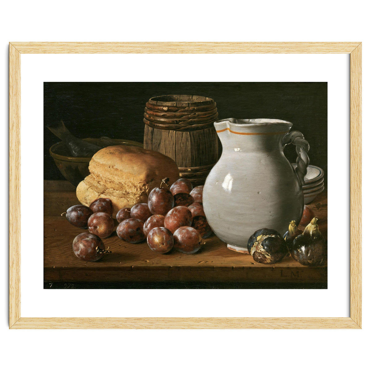 Luis Egidio Meléndez / 'Still Life with Plums, Figs, Bread and Fish', 18th century, Spanish School.