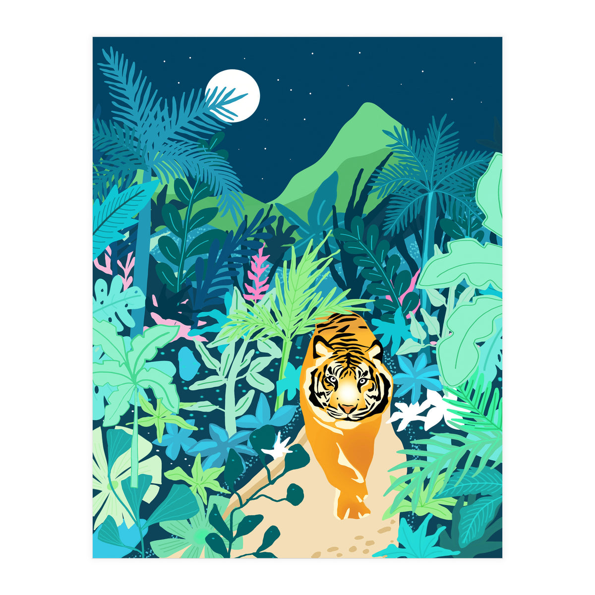 Tiger Walk, Bohemian Jungle Maximalist Nature, Botanical Forest Plants Moon Wild Animals (Print Only)