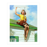 Pinup Sexy Girl Setting Up The Antenna On The Roof (Print Only)